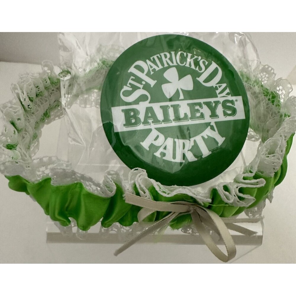 St. Patrick's Day Baileys’ Party Pin Back Button 3" & Vintage Green Garter